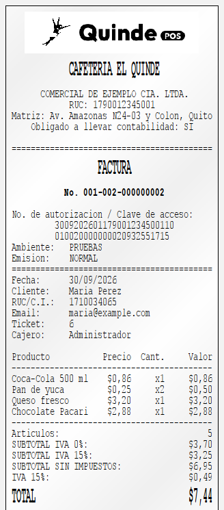 Ticket impreso con la factura electrónica y la clave de acceso del SRI